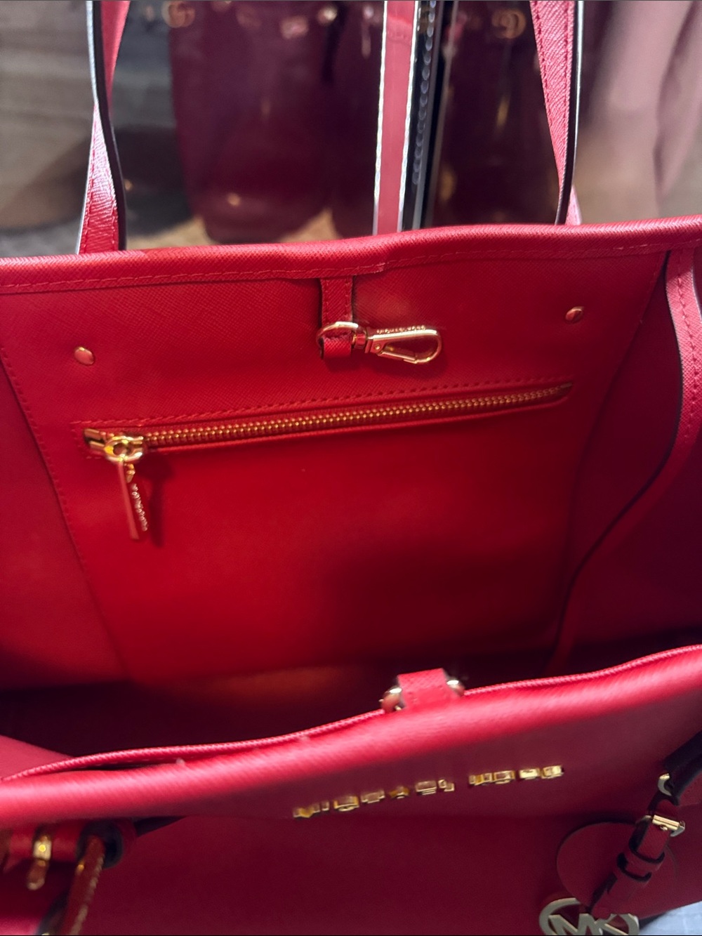 Michael Kors Bright Red Leather Tote with Gold MK Charm - Picture 6 of 16